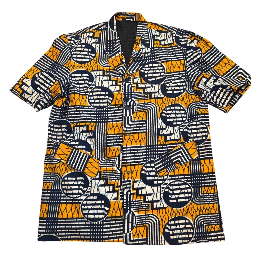 Vintage African Wax Print Short Sleeve Blazer‎ Jacket Yellow Navy Geometric XL